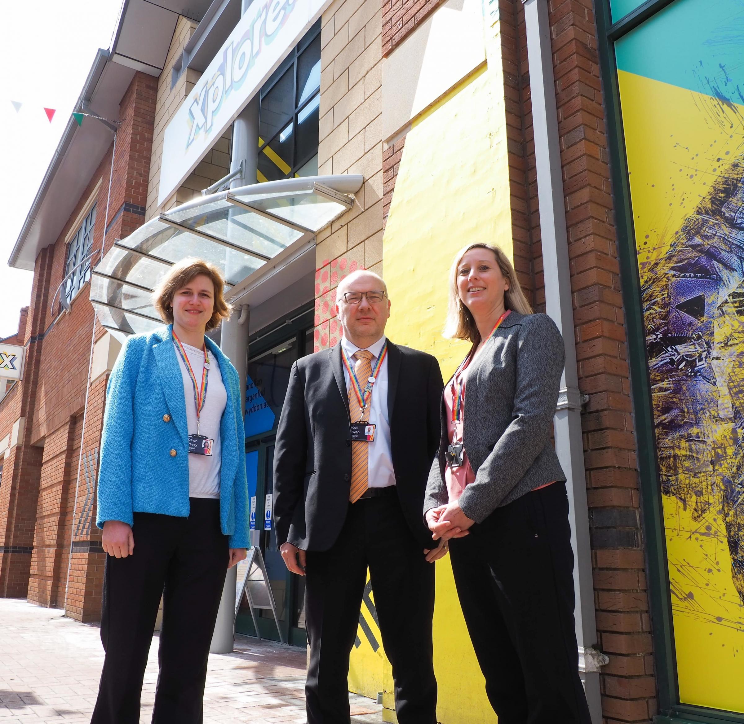 From left: Projects officer Dawn Pavey, centre manager Scot Owen, and business development officer Katie Williams outside Xplore! Science Discovery Centre on Henblas Street, Wrexham. 