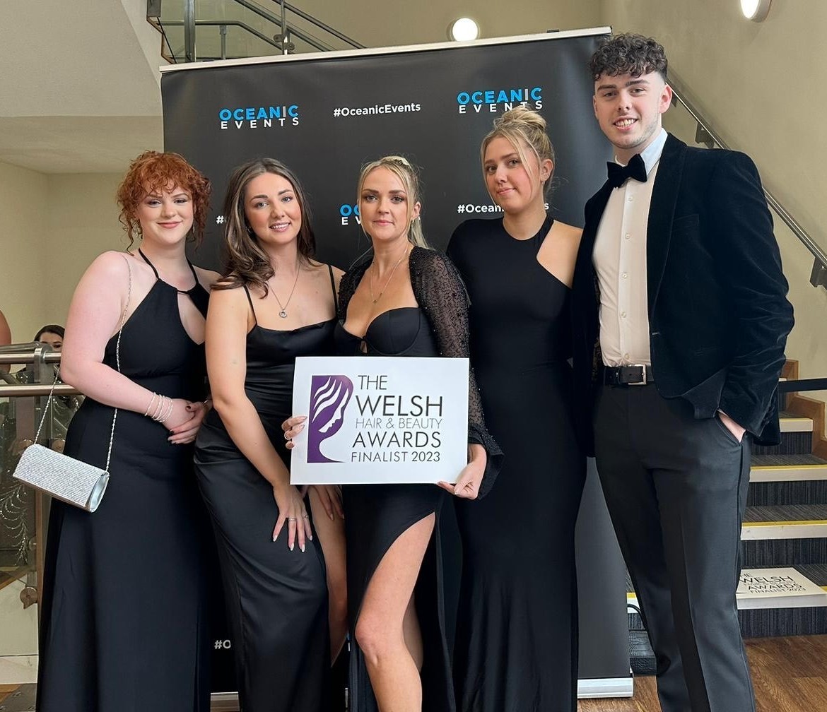 ME Hairdressing owner Amie Mitchell (centre) with members of the team, Mia Jones, Stacey Hart, Ffion Duffield and Owen Barton-Davies, at the Welsh Hair and Beauty Awards.