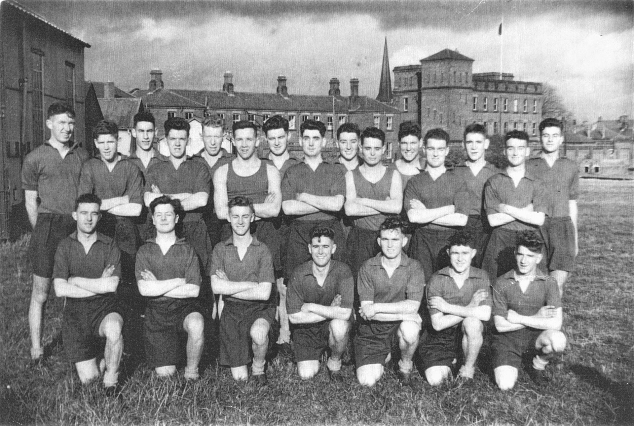 Burma Platoon, RWF (in PT kit), Hightown Barracks, Wrexham, 1955. Gareth Thomas, middle row, third from right. Photo courtesy of Ronan Thomas