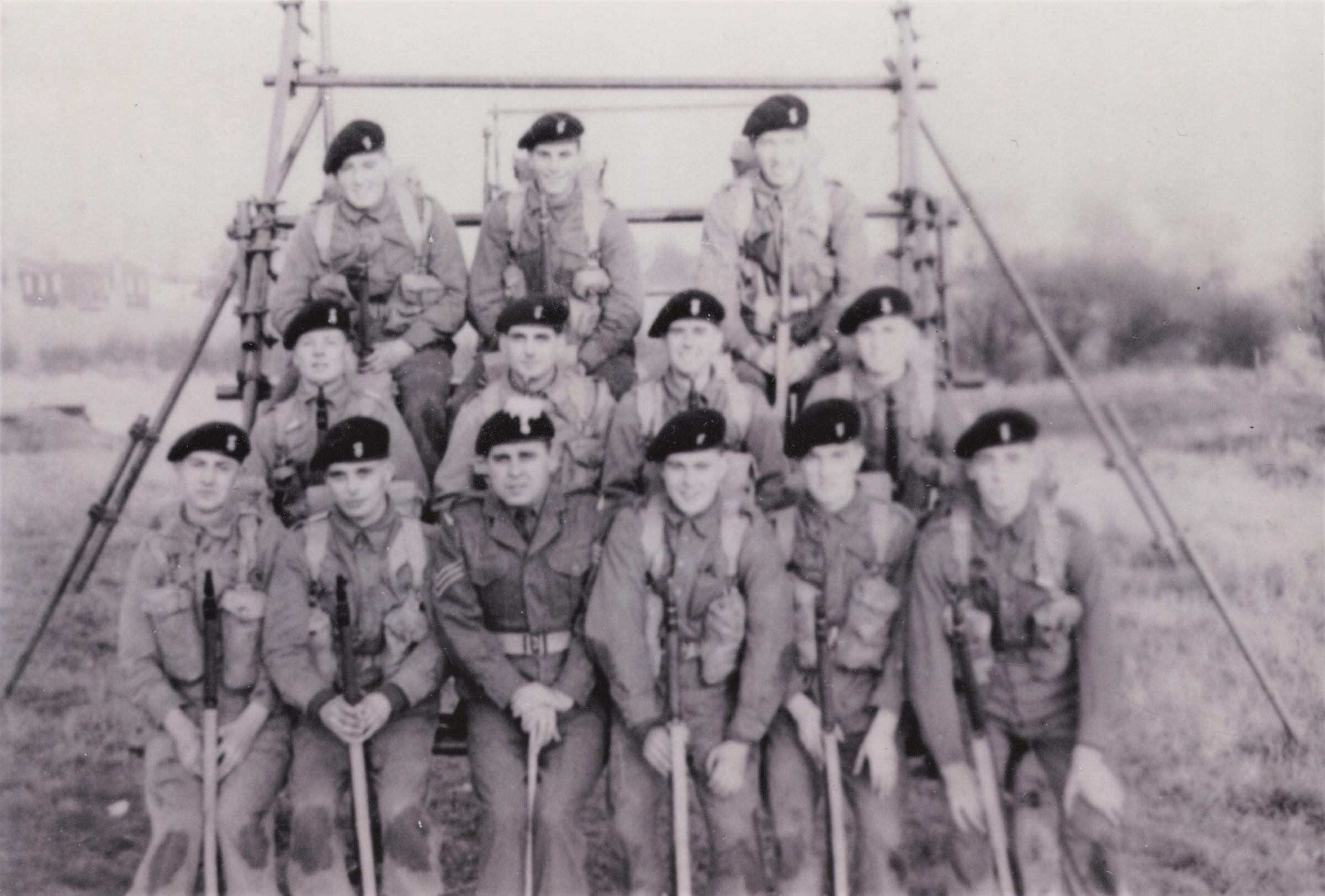 Burma Platoon, RWF, Basic Training, Hightown Barracks, Wrexham, 1955. Gareth Thomas is front row, second from left. Photo courtesy of Ronan Thomas