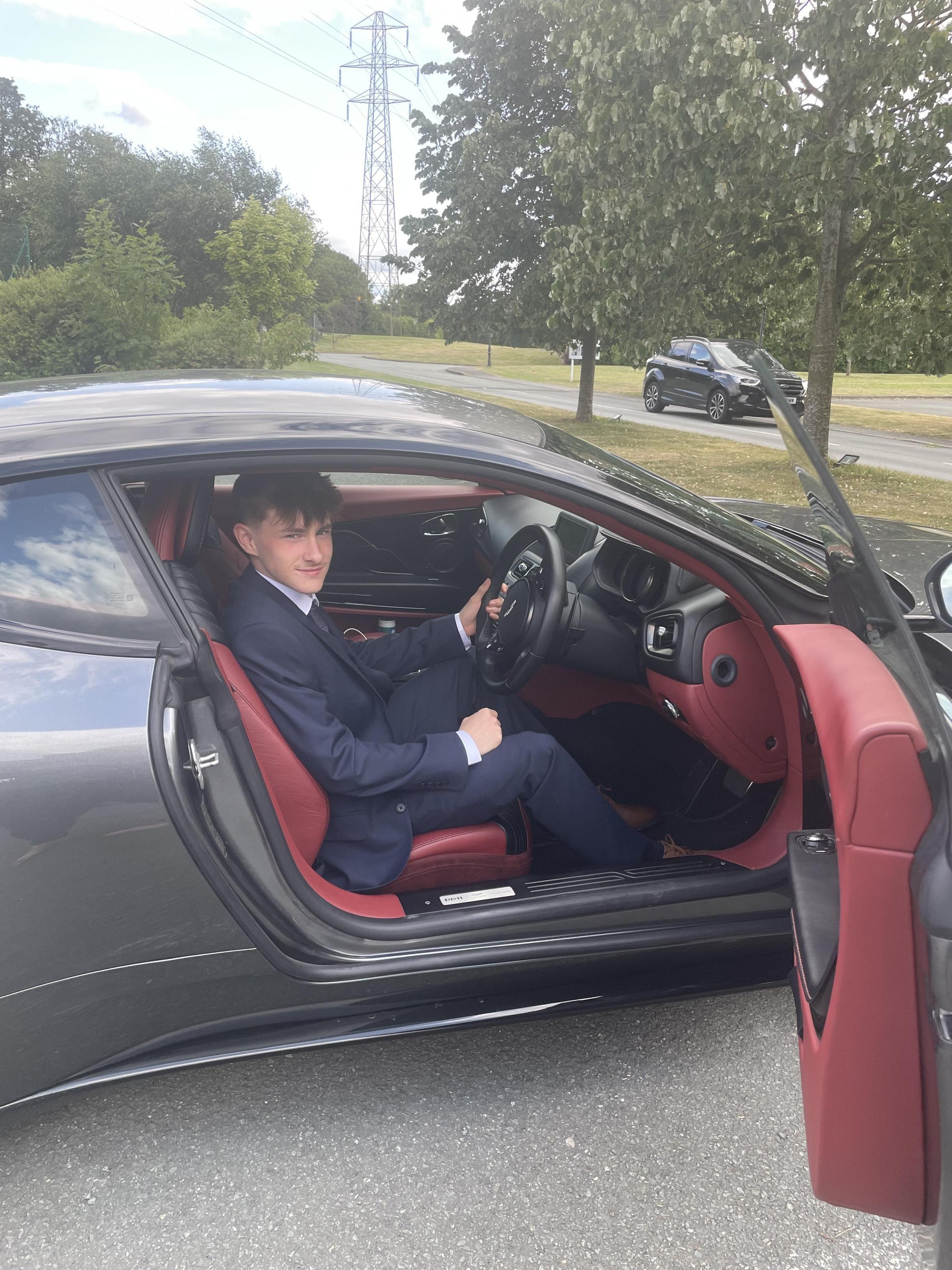 Will Robinsons Aston Martin Ride to the Ysgol Dinas Bran prom.
