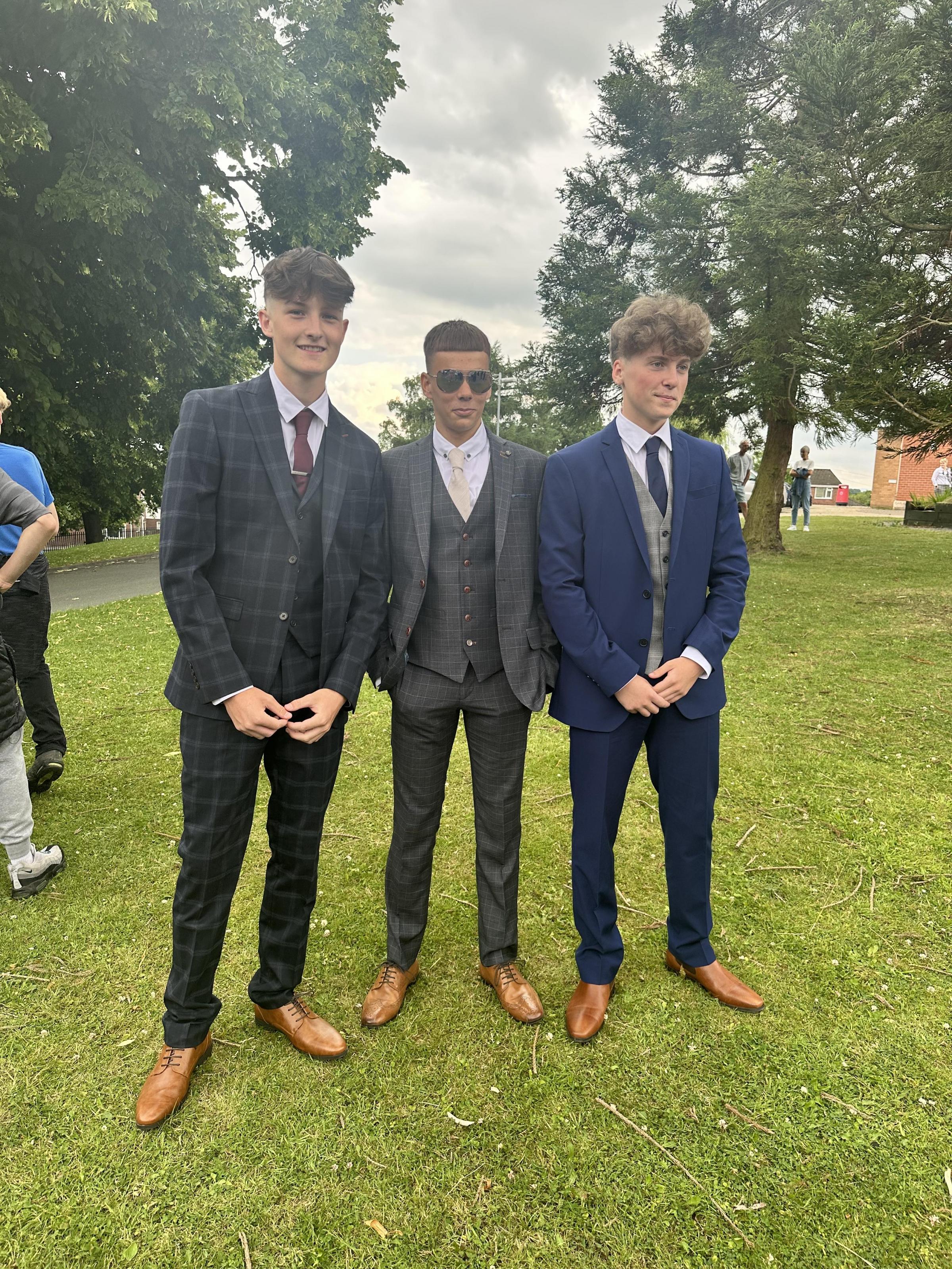 Max Edwards, Aaron Oeheme and Daniel Huxley, prom at Ysgol Rhiwabon.
