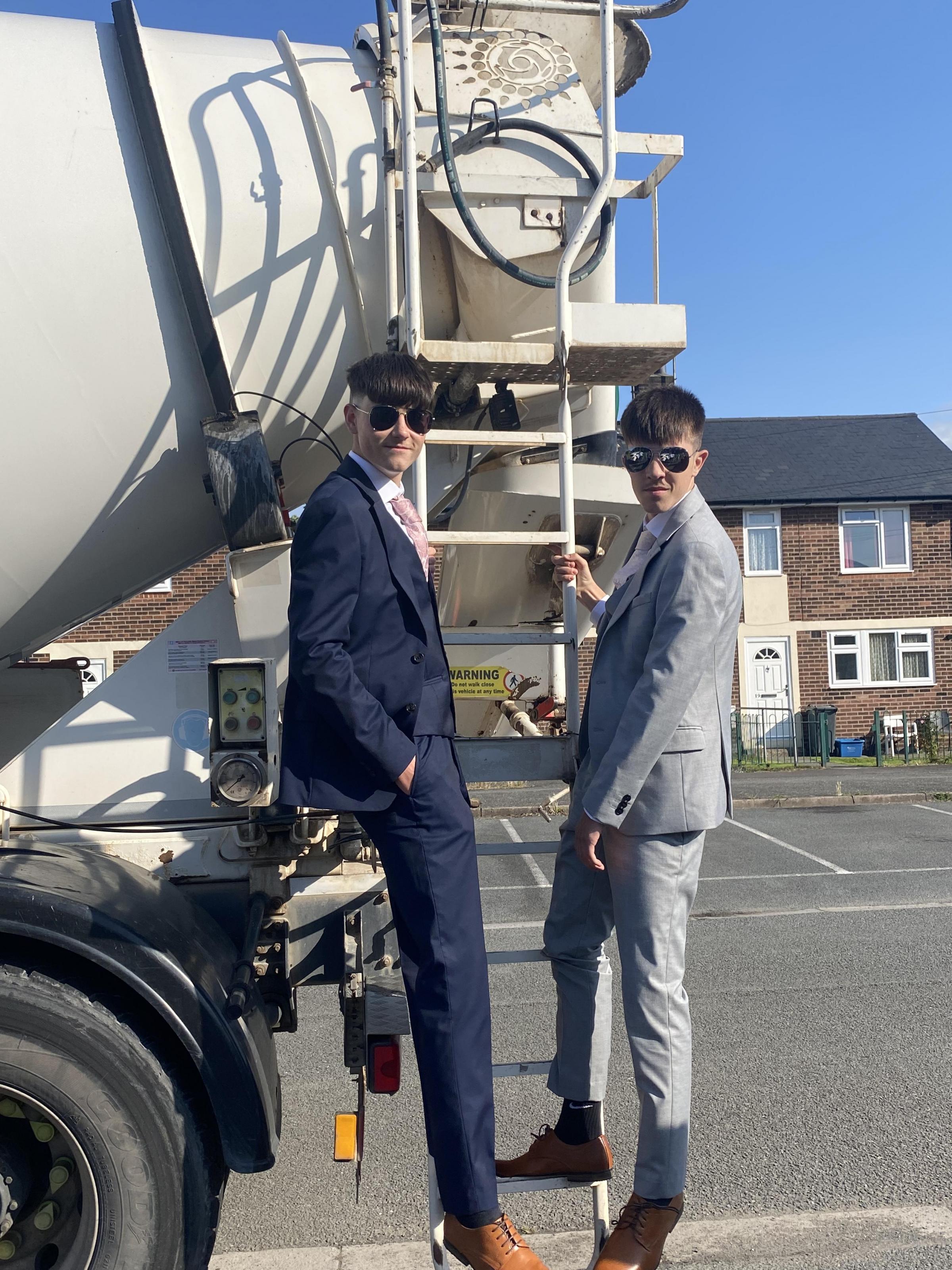 Harley Challinor and Dylan McGee arrived in style in a Dependable concrete mixer for their Hawarden High School prom at Chester Racecourse.