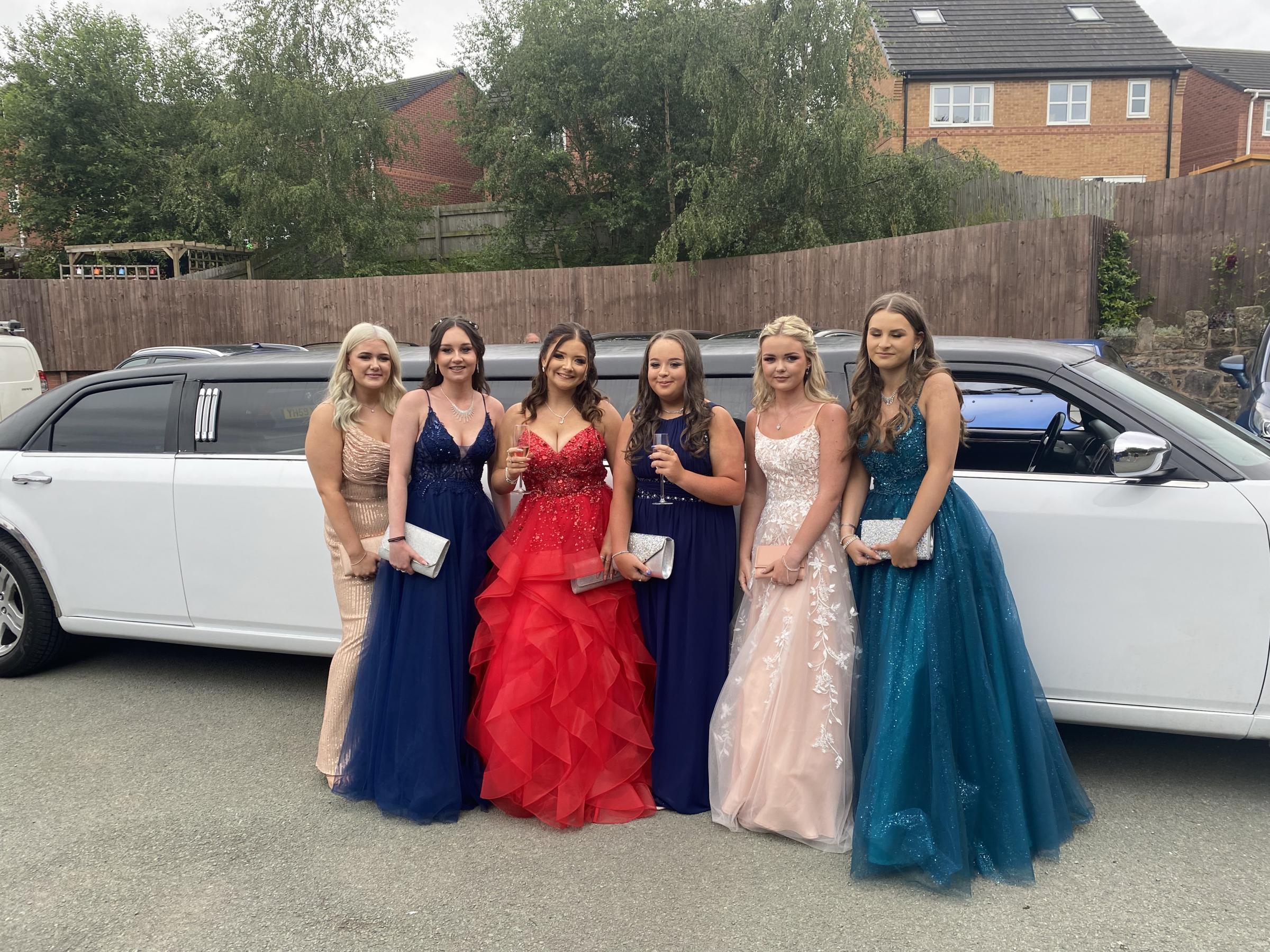 Ysgol Bryn Alyn Year 11 friends Lily Williams, Frena Brimfield, Carys Evans-Lea, Ellie Wright, Elyse Jones and Kaitlin Scragg, getting picked up in style for prom.