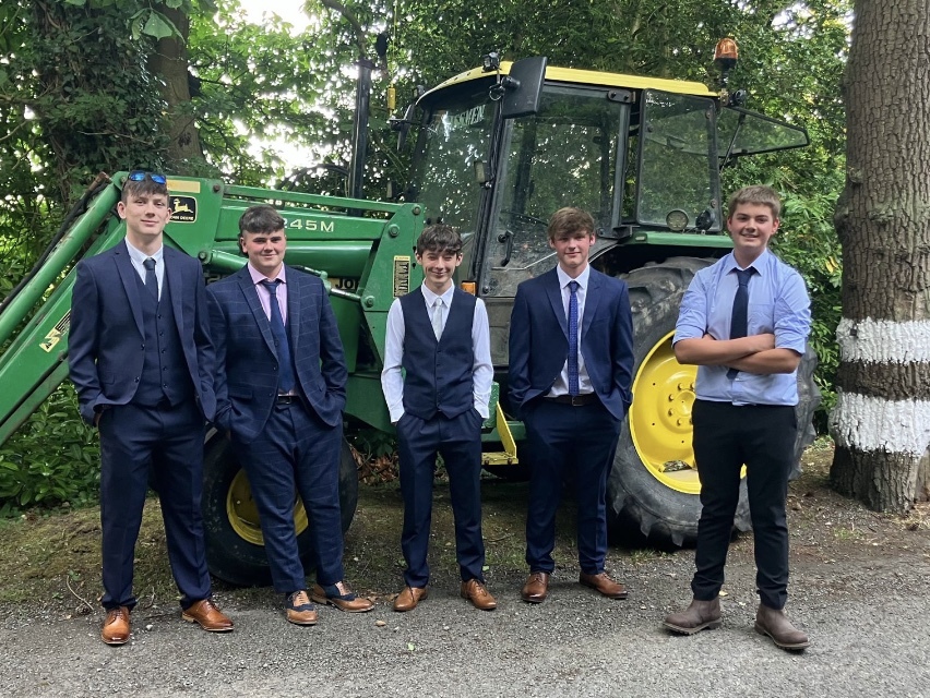 Young farmers ready for the Ysgol Maes Garmon, Mold, prom left, Morgan Williams, Harri Floyd-Williams, Gethin Proffitt, William Moore and Dafydd Frost.