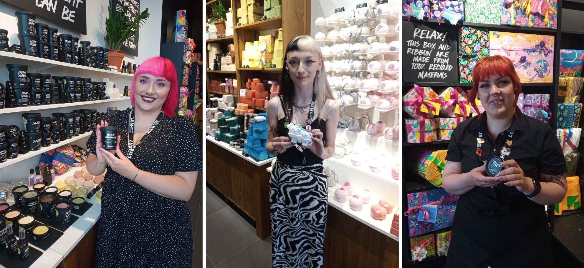 Spotlighting some of the their favourite Lush products are Lush Broughton store manager Alex Huntley (left) with team members Katelyn Eagle and Lou Shaw.