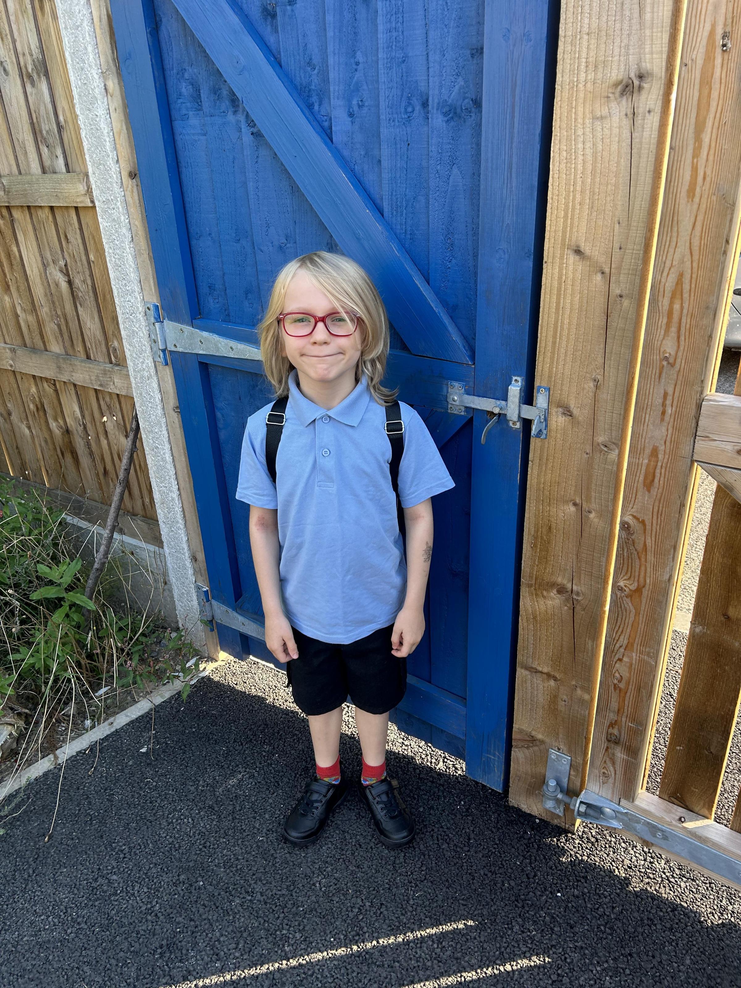 Michelle Hughes, from Caia Park: Benjamin Hughes, very excited to be starting Year 3 at Gwenfro CP School, in his new uniform and new glasses ready for the new term.