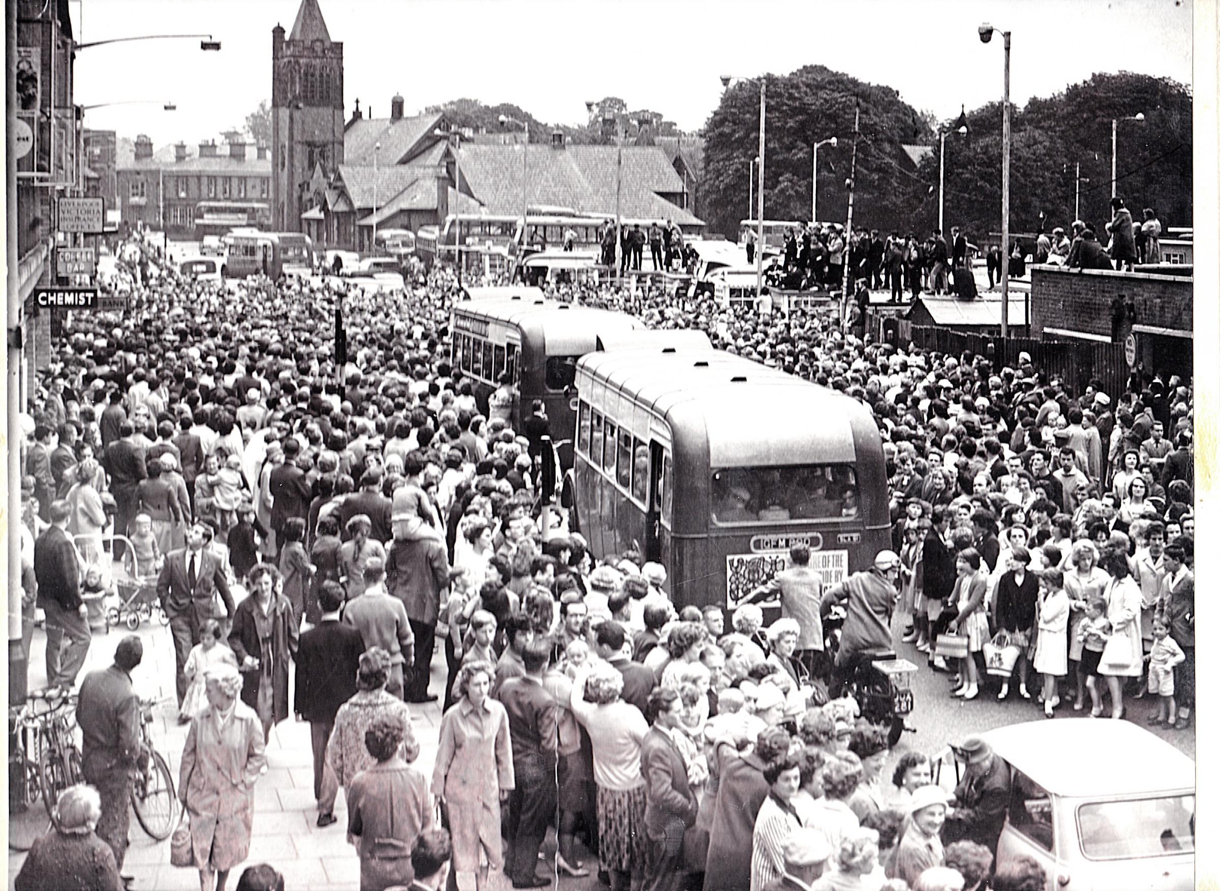 Huge crowds gathered in King Street Wrexham when Coronation Street star Pat Phoenix, who played Elsie Tanner, visted T.E. Roberts Ltd in the early 60s.