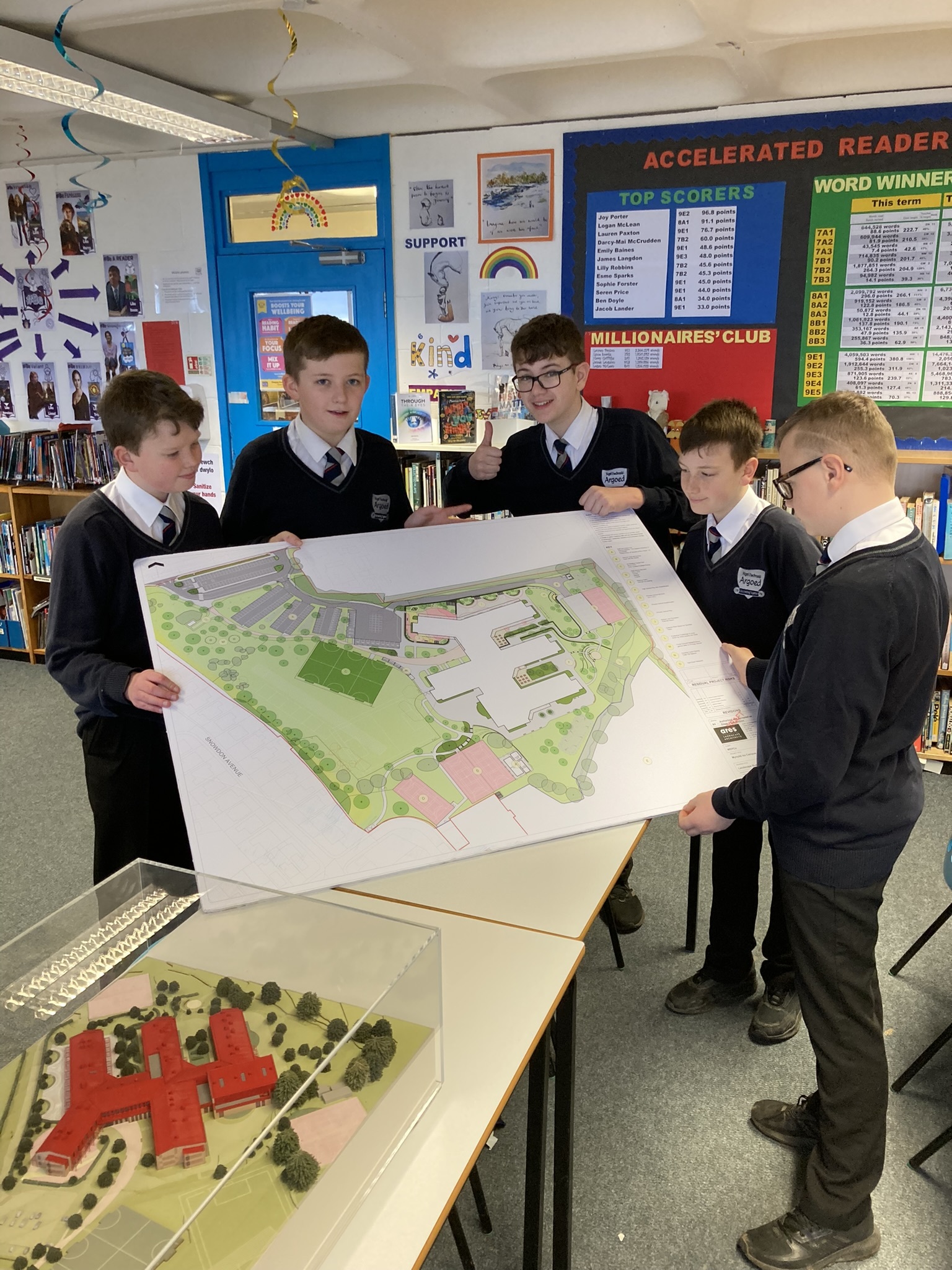 Argoed High School students look over the site plans.