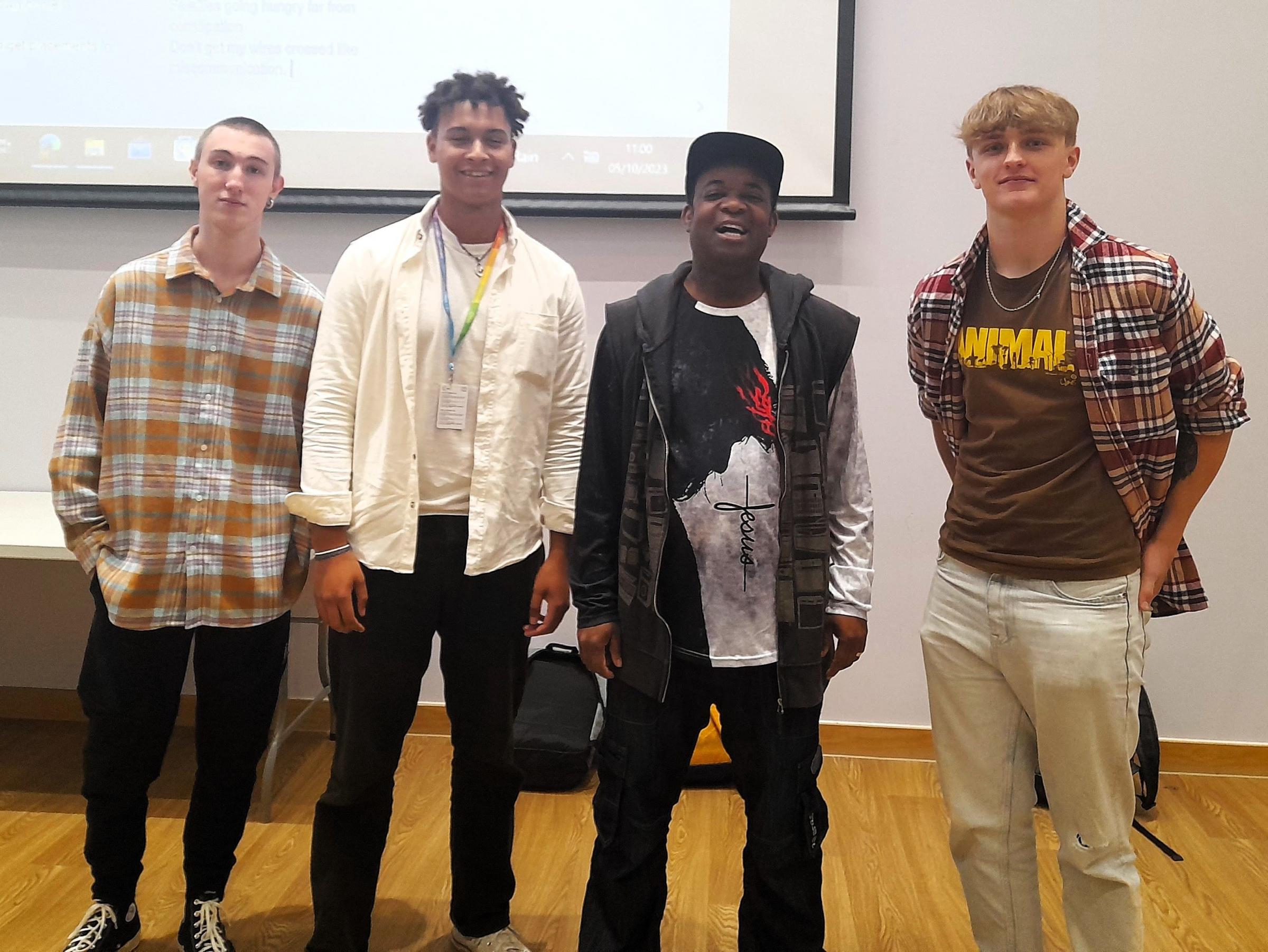 Students with Big Ideas Wales mentor Joseph George - AKA Joey G, at a rap workshop.