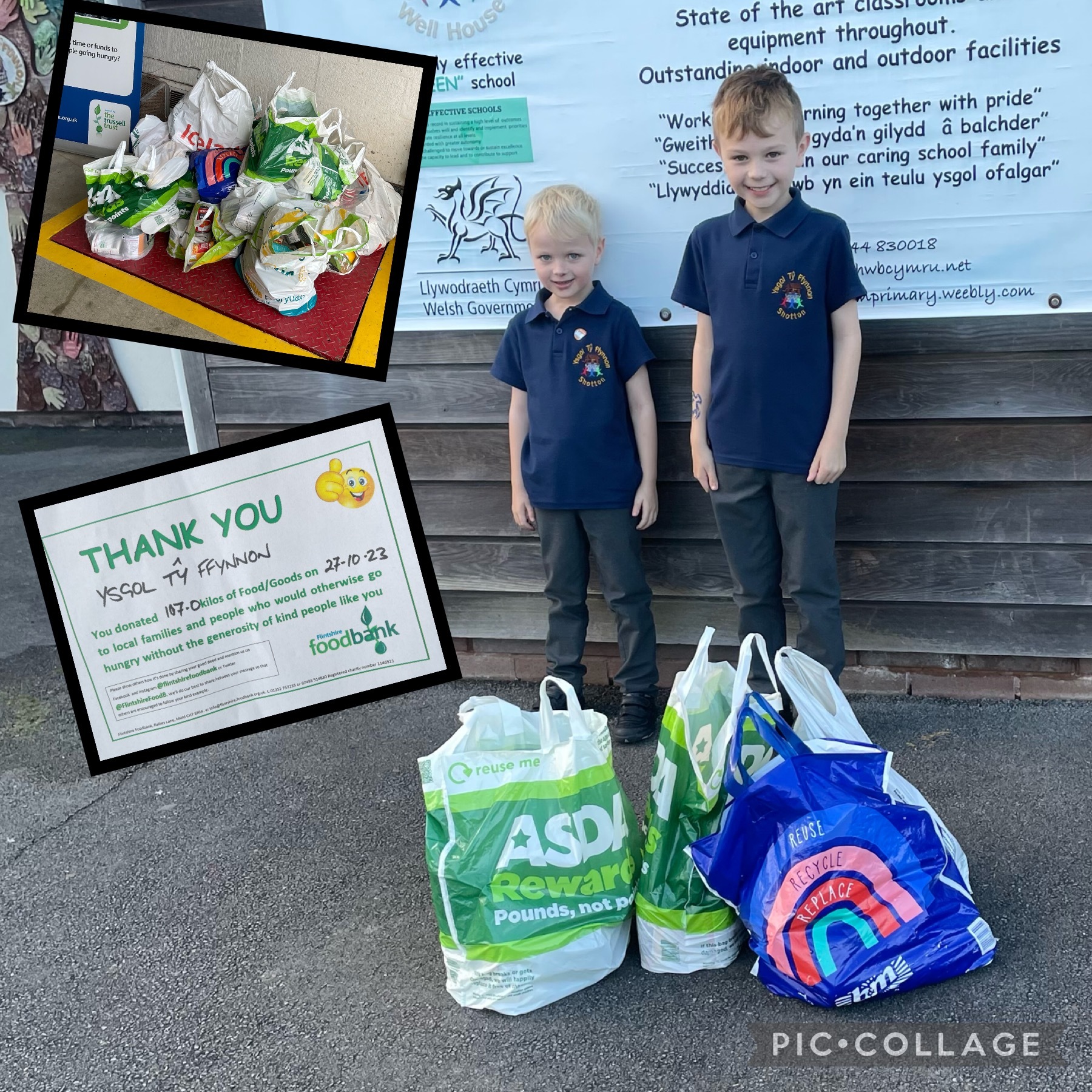 Colby and Logan help load up the harvest collection at Ysgol Ty Ffynnon, for Flintshire foodbank.