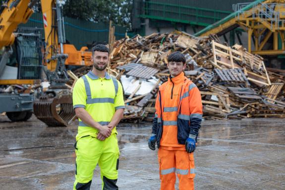 The Leader: Dom Jones (right) with Rob Moore, assistant waste manager at Thorncliffe Building Supplies. The Leader: Dom Jones (right) with Rob Moore, assistant waste manager at Thorncliffe Building Supplies.