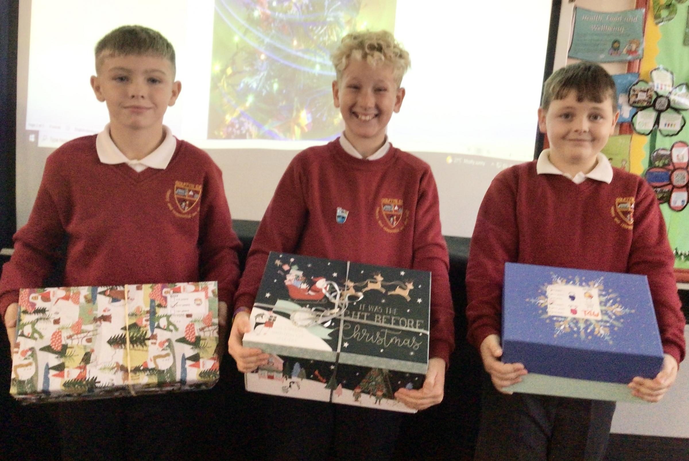 Shoebox appeal at Golftyn CP School - Kayden, William and Leo.