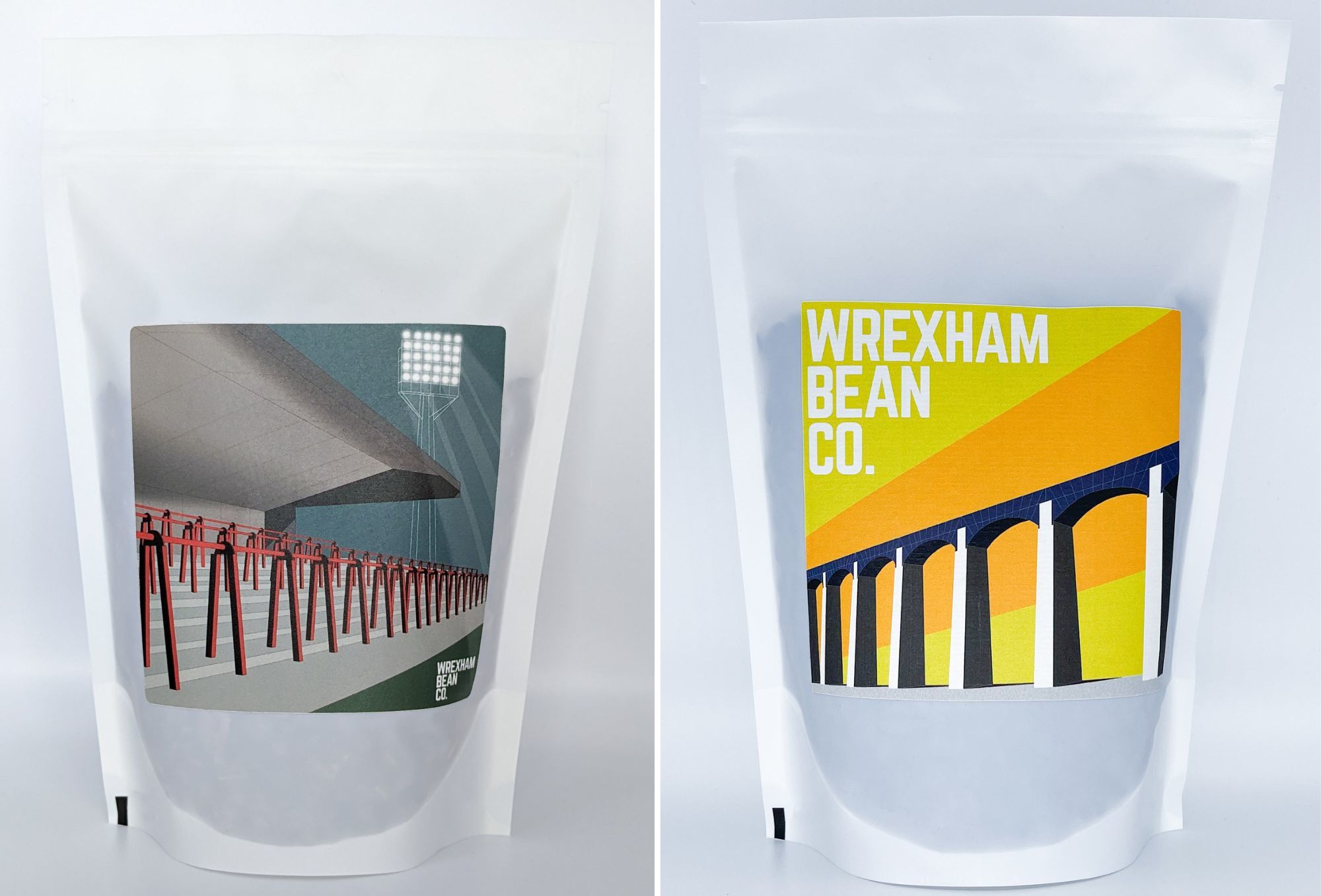 Wrexham Bean Co. coffee bags branded with designs of Wrexham landmarks.