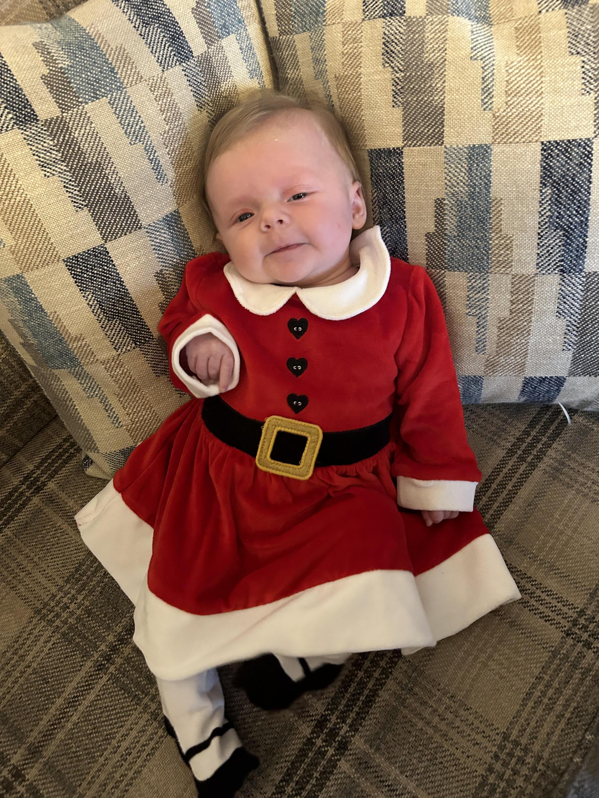 Adele Mackie, from Mold: Were so excited for Adalines first Christmas! Shes all dressed up here ready to celebrate at her baby group.