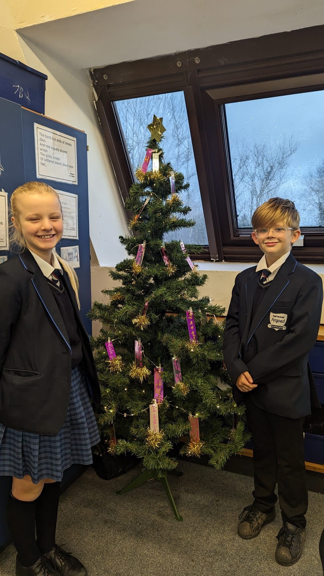 Christmas tree competition winners, Lois Evans and Joe Green, form 7PSH