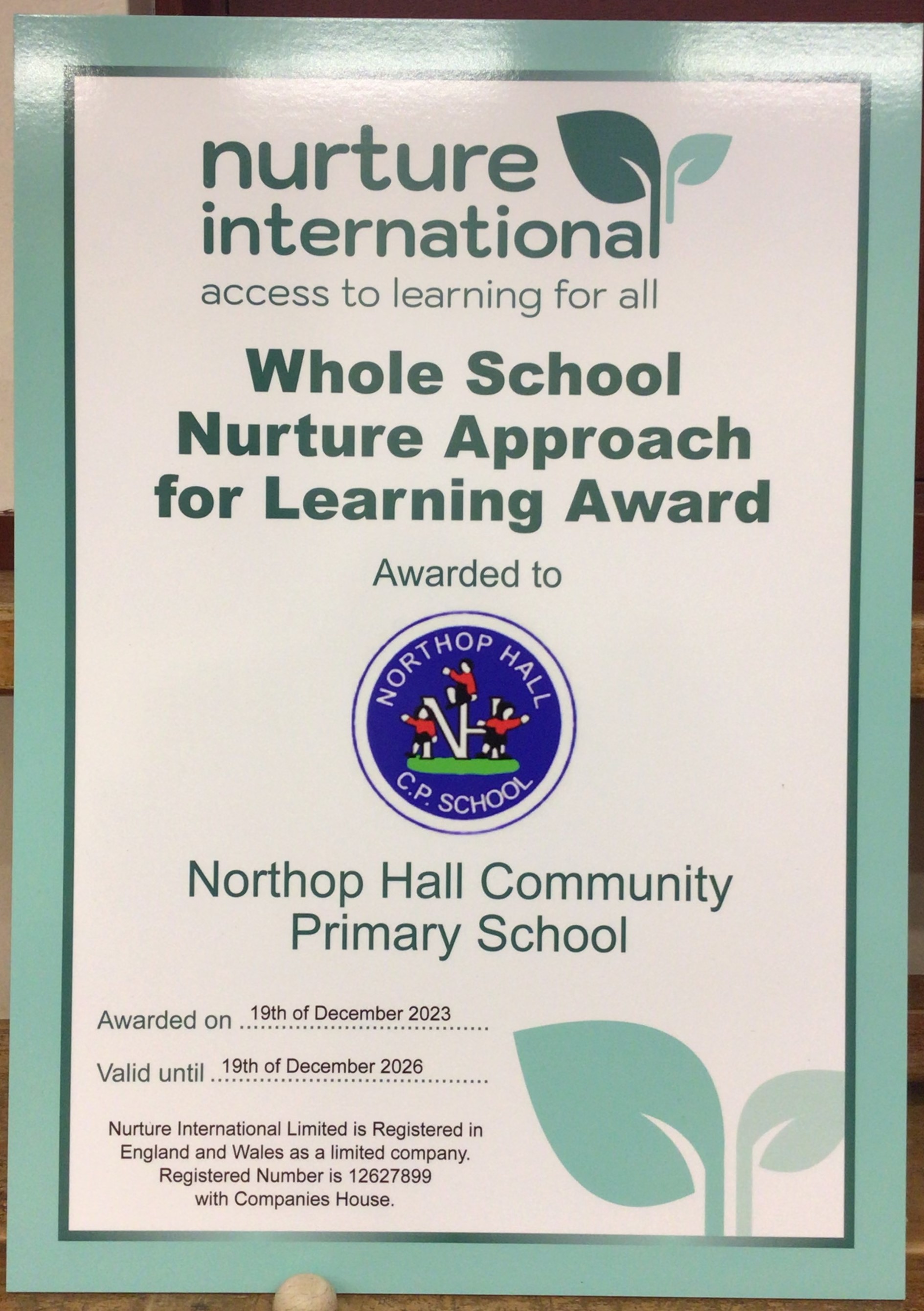 Northop Hall Primary Schools Whole School Nurture Approach to Learning award certificate.