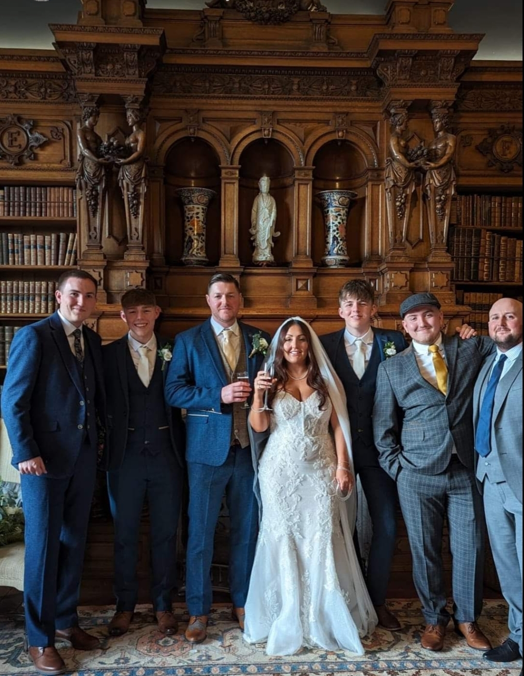 Brother Aaron, son Cam, groom Gareth, bride Rebecca, son Malachi, brother Eithan, older brother Jamie.