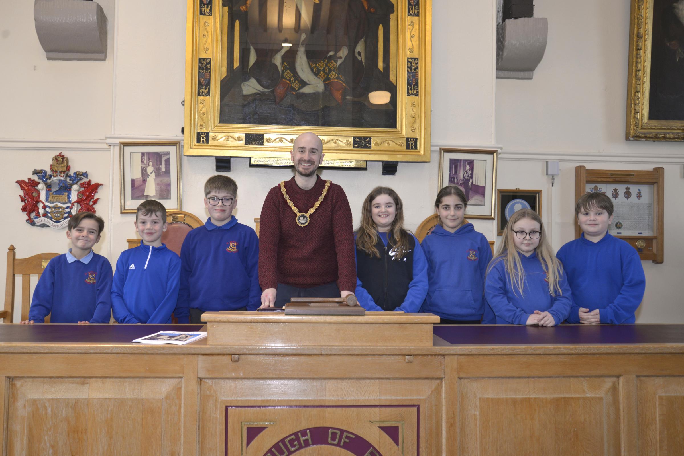 St Marys School pupils visit to Flint Town Council Chamber, pictured with Mayor Cllr Ben Goldsborough.