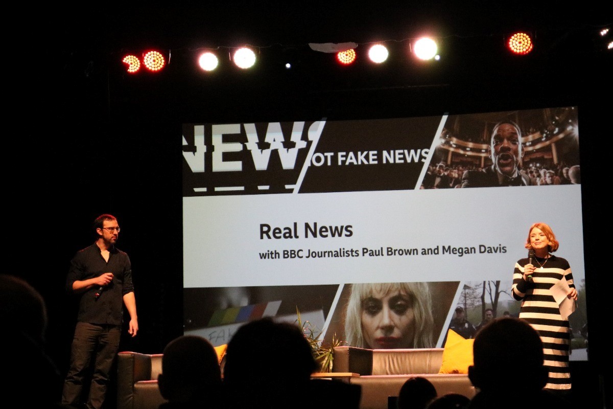 The Real News session - where young people heard from Megan Davies, senior journalist at BBC Wales, and Paul Brown, BBC Verify journalist.
