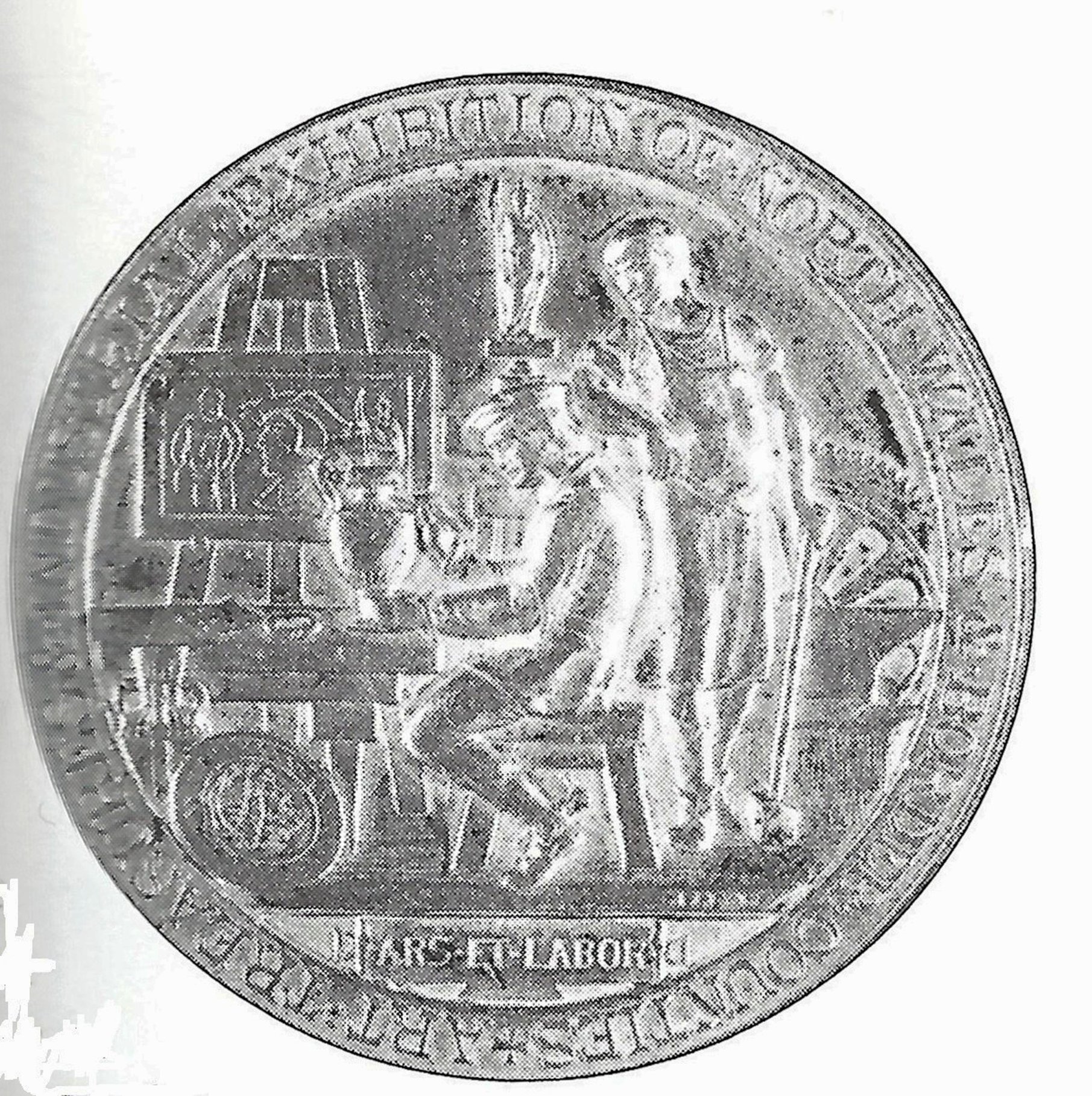 The medallion struck for the Exhibition, on the obverse it depicts a potter at work watched by a blacksmith. Image courtesy of Phil Phillips