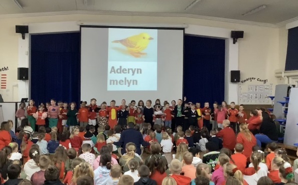 St Davids Day at Ysgol Bryn Deva - Year 1/2 singing Aderyn melyn.