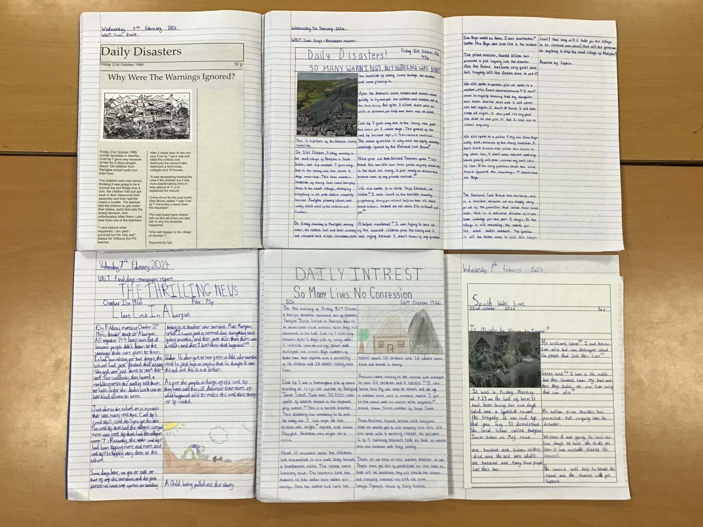Some of the articles put together on the Abefan disaster by Year 6 pupils at Penarlag CP School.