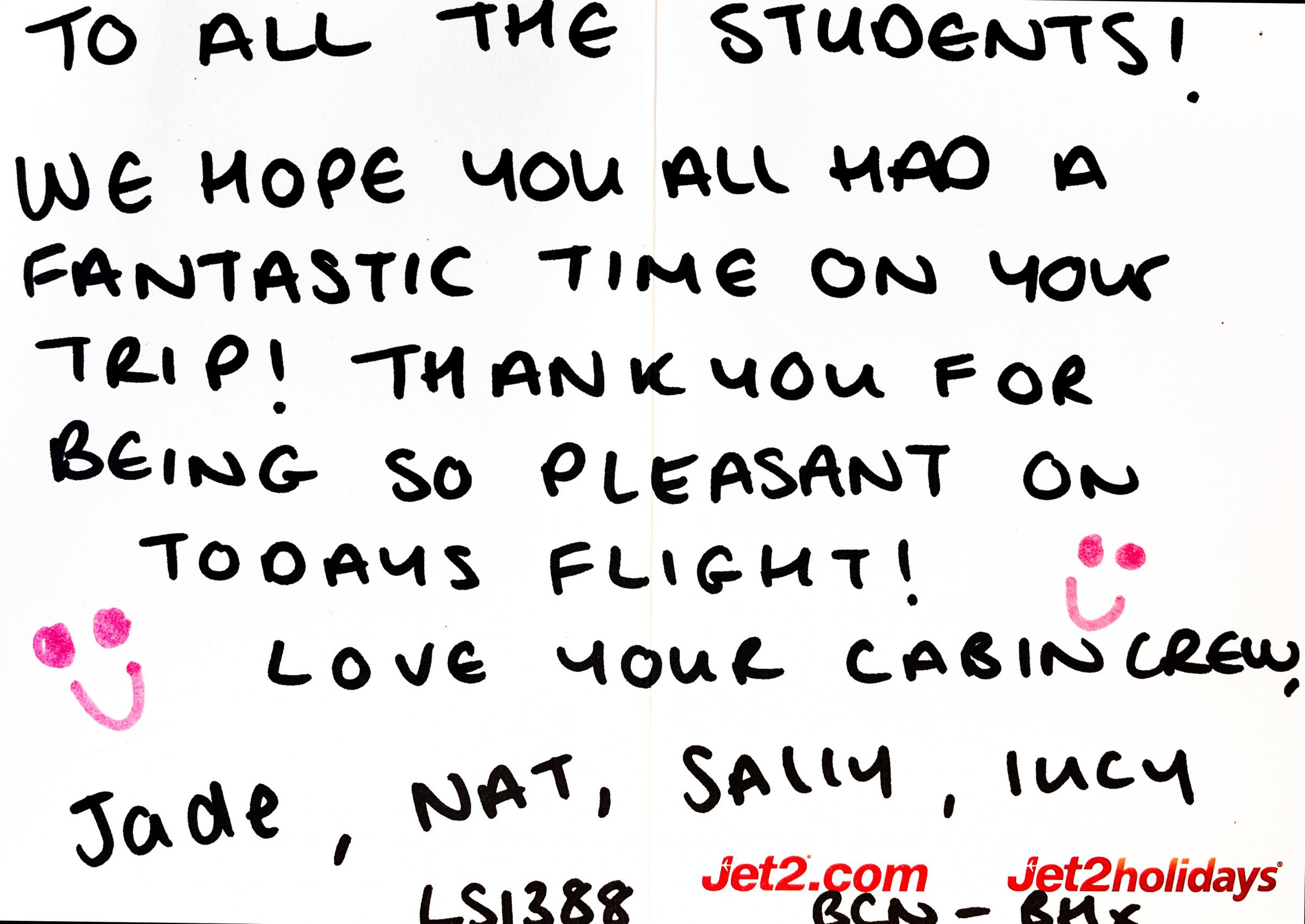 The Jet2 staffs thoughtful note for Darland students.