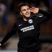 Brighton & Hove Albion's Aaron Connolly celebrates scoring his side's first goal of the game during the Carabao Cup Second Round match at the Memorial Stadium, Bristol. PRESS ASSOCIATION Photo. Picture date: Tuesday August 27, 2019. See PA
