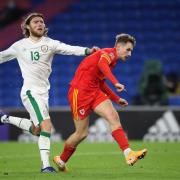 Wales' David Brooks (right) has a shot on goal under pressure from Republic of Ireland's Jeff Hendrick during the UEFA Nations League Group 4, League B match at Cardiff City Stadium, Cardiff, Wales.