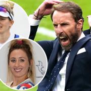 Gareth Southgate and (inset) Victoria Thornley and Jade Jones.
