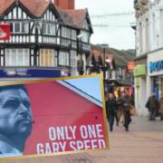 Wrexham city centre and inset: The Gary Speed mural created by Unify Creative in Cardiff.