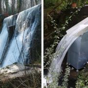 Wepre Park waterfall before and after the hydro-power turbine development. March 2022 and October 2022.
