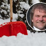 A shovel in snow (Canva) and, inset, Cllr Richard Jones