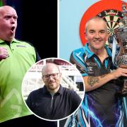 Legends of darts at special community event - Michael van Gerwen (left), Phil Taylor (right) and inset, Mark Webster.