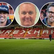 Wrexham AFC and, inset, Cllr Nigel Williams (centre), Rob McElhenney and Ryan Reynolds (Images: Gemma Thomas)