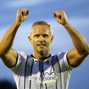 Lee Trundle celebrates at full-time of Ammanford’s game against Barry Town United in the JD Cymru South in July. (Pic by Lewis Mitchell/FAW).