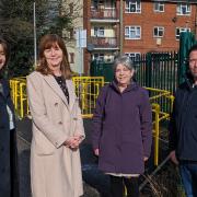 Lesley Griffiths MS and Cllr Sheelagh Mackenzie Jones alongside Charlotte and James from Network Rail at Gwersyllt Station.