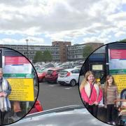 Main image of Waterworld car park / Insets of Lesley Wilson (left) and Donna Shepherd with children Ffion and Lili Roberts, and Rhosyn Jones.