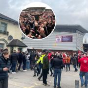 Wrexham fans queue up for The Turf after the game. Inset: they invade the pitch.