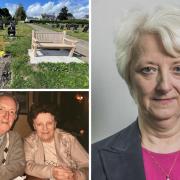 Cllr Beverley Parry-Jones, right, and her parents Maureen Jones and David Parry Jones, bottom left. Top left: the grave at Broughton Cemetery