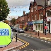 Main image of Flint town centre  / Inset image of a police jacket.