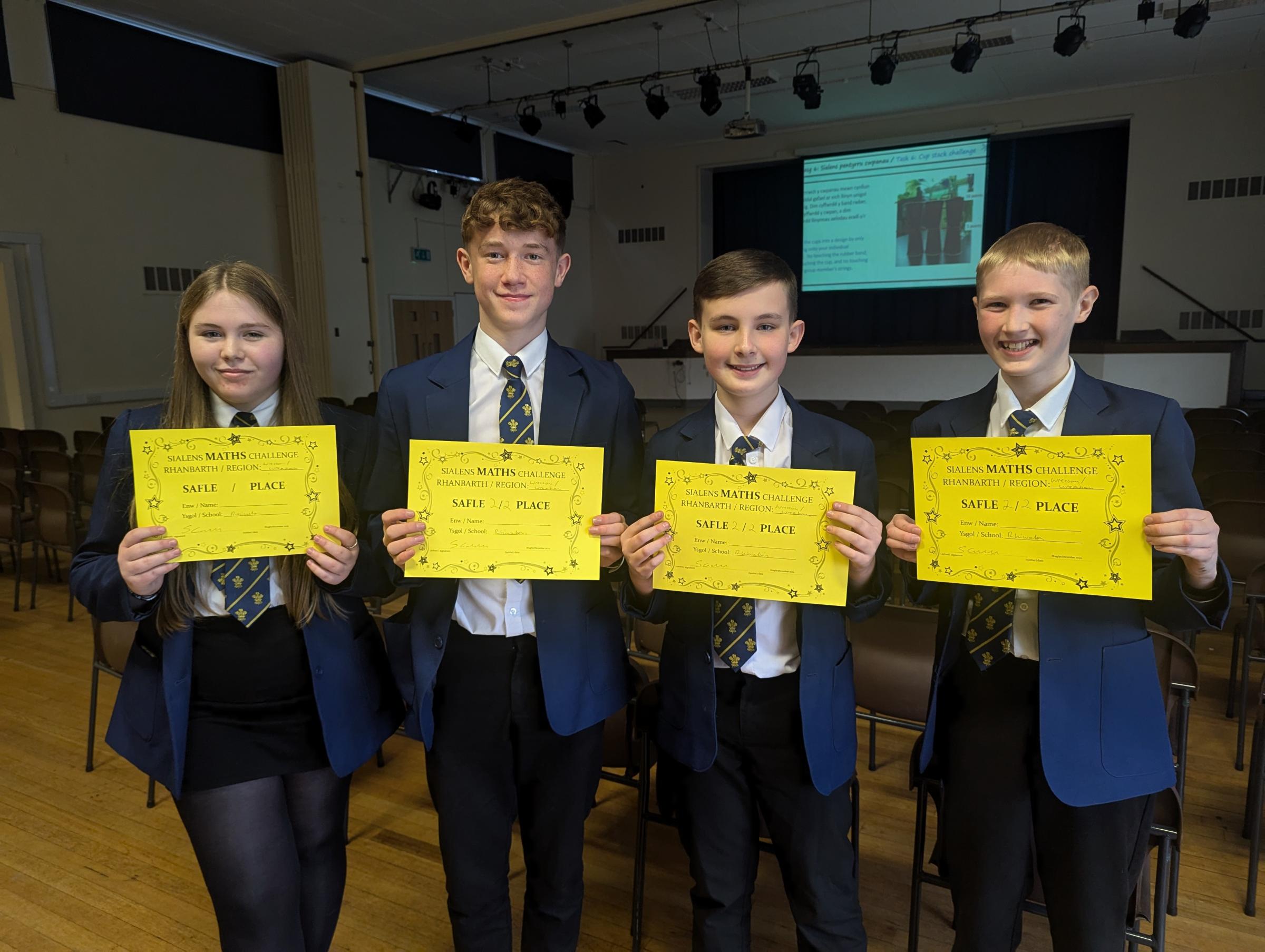 Wrexham School Maths competiton team from Ysgol Rhiwabon - Maizie Jones, Noah Thomas, Kailun Magness and Thomas Harrison.