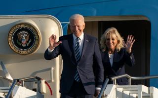 US President Joe Biden and First Lady Jill Biden arrive on Air Force One at RAF Mildenhall in Suffolk, ahead of the G7 summit in Cornwall. Picture date: Wednesday June 9, 2021.