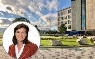 Welsh Government health minister Eluned Morgan (inset), and a general picture showing the Grange University Hospital in Cwmbran.