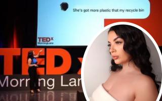 Alaw Haf gives a TEDx talk on stage in London.