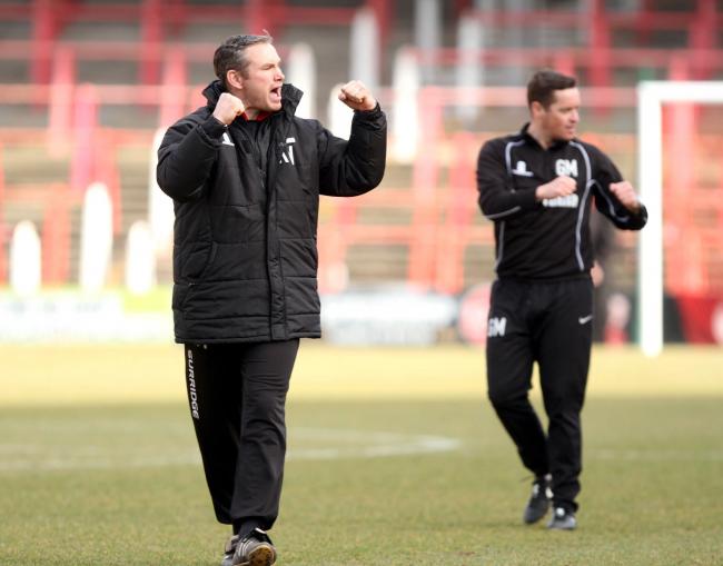 Wrexham 1 - 0 Chester March 7th 2015Manager Kevin Wilkin celebrates win